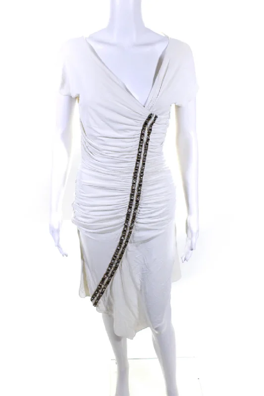 Women's Elegant Clothes Roberto Cavalli Womens Jeweled Ruched V Neck Dress White