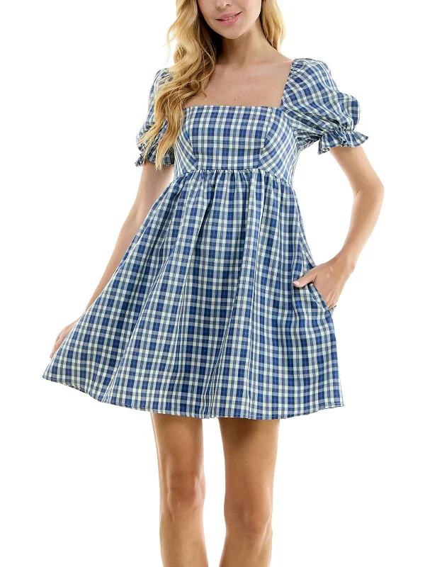 Luxury Women's Clothes Juniors Womens Plaid Puff Sleeve Babydoll Dress