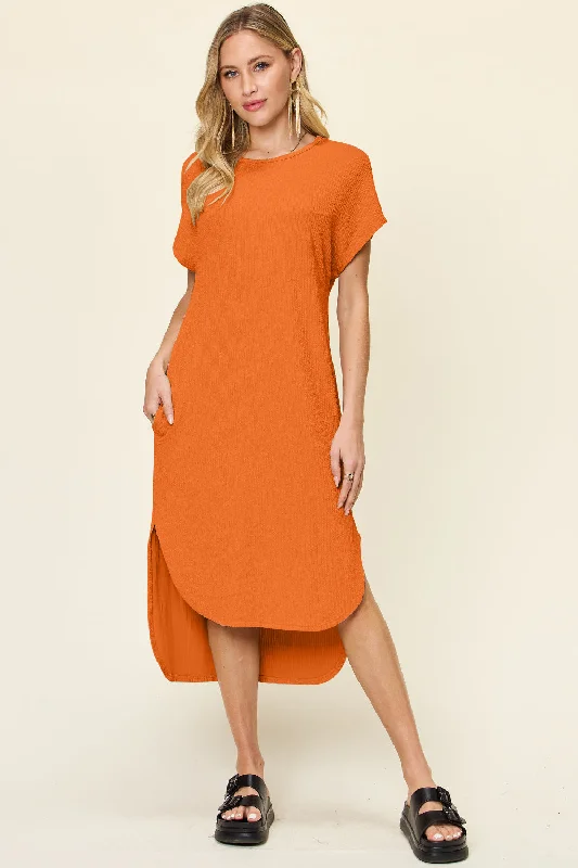 Women Wear Brands Full Size Round Neck Short Sleeve Slit Dress