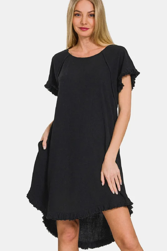 Women's Date Night Outfit Fringe Edge High Low Flowy Dress with Pockets