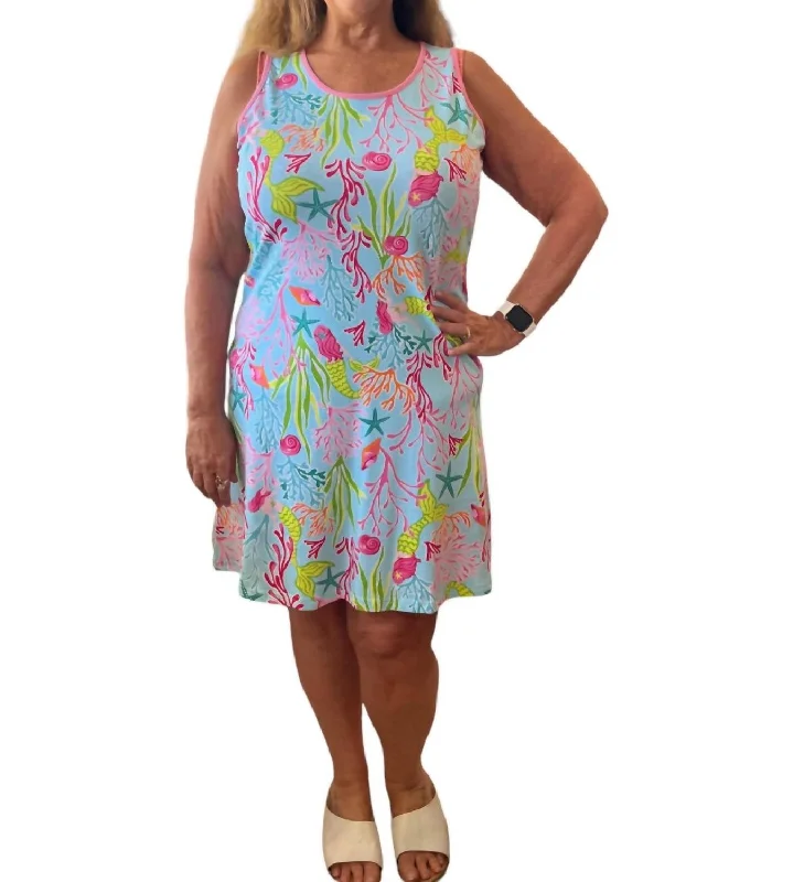Feminine Dresses for Women in Bold Prints Mermaid Molly Tank Swing Dress In Blue
