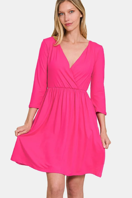 Charming Women's Outfit For Special Occasions Three-Quarter Sleeve Surplice Dress with Pockets