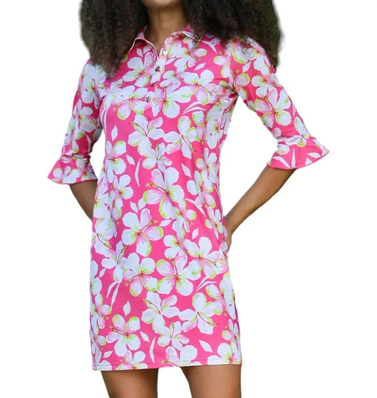 Women's Casual Wear Outfit Marin Flounce Sleeve Polo Dress In Pink/multi