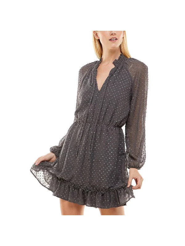 Women's Activewear for Exercise and Sports Juniors Womens Clip Dot Tie Neck Fit & Flare Dress