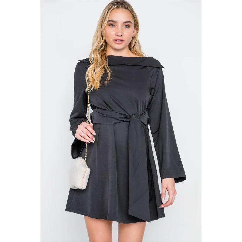 Women's Professional Clothes Straight Neck Solid Front-tie Dress