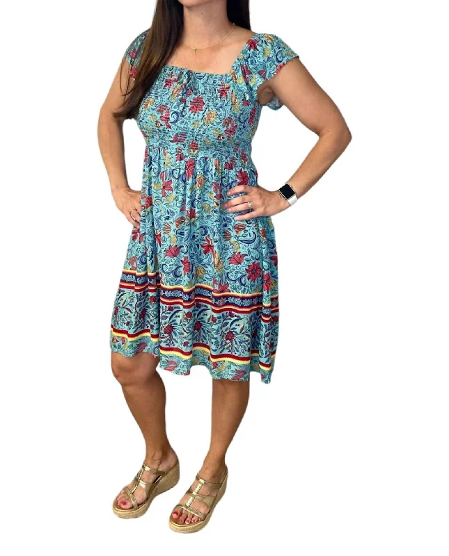 Women's Stylish Outerwear Border Print Smocked Dress In Multicolor