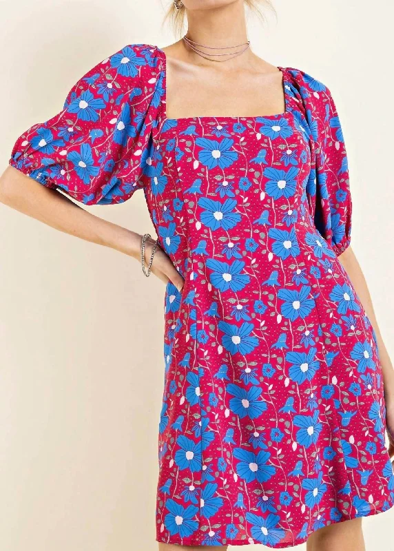 Eclectic Fashion Haven Square Neck Front Smocked Bubble Dress In Red/blue