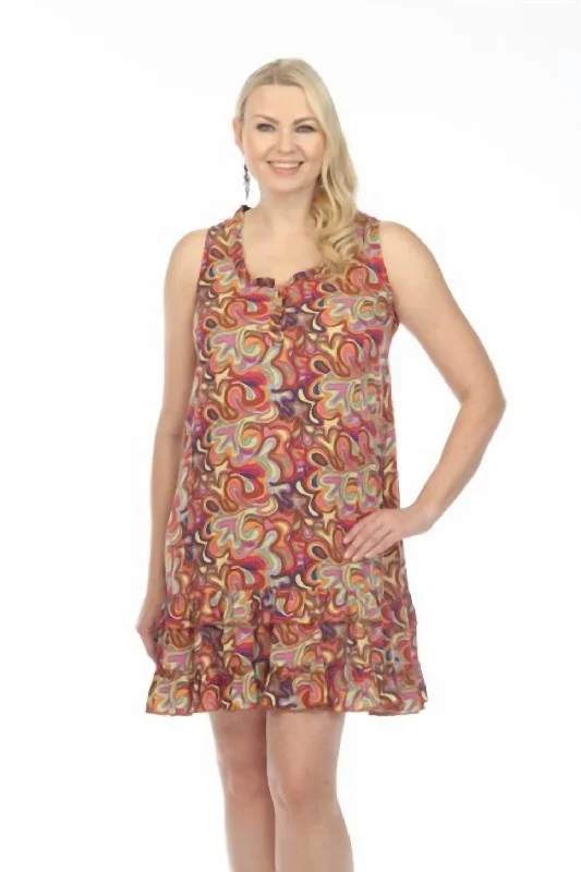 Stylish Women's Outfit Ruffle Print Short Tank Dress In Rust