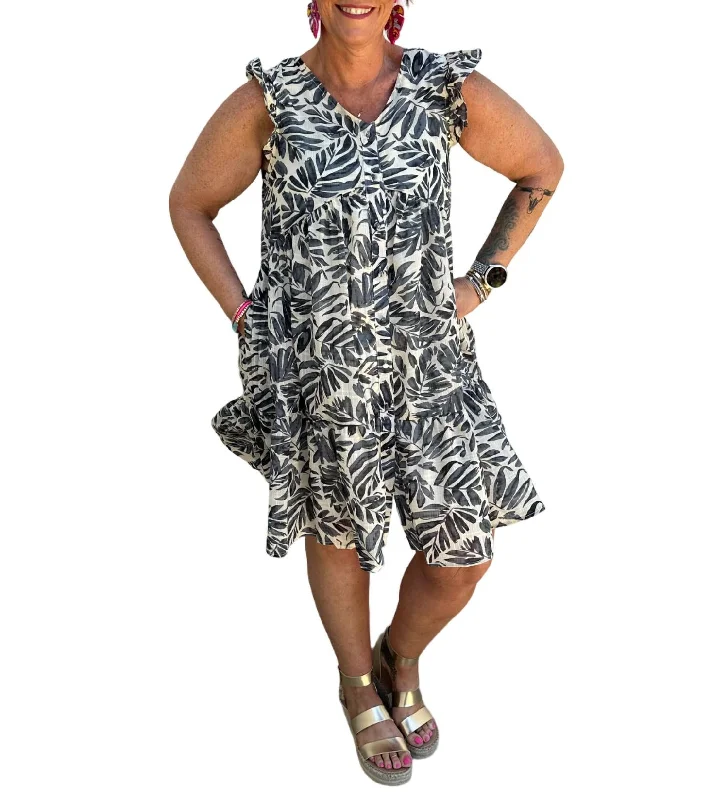 Urban Femme Streetwear Palm Print Tiered Dress - Reg/curvy In Ivory