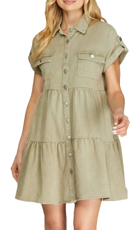 Women's Relaxed Clothes Short Sleeve Denim Dress In Olive