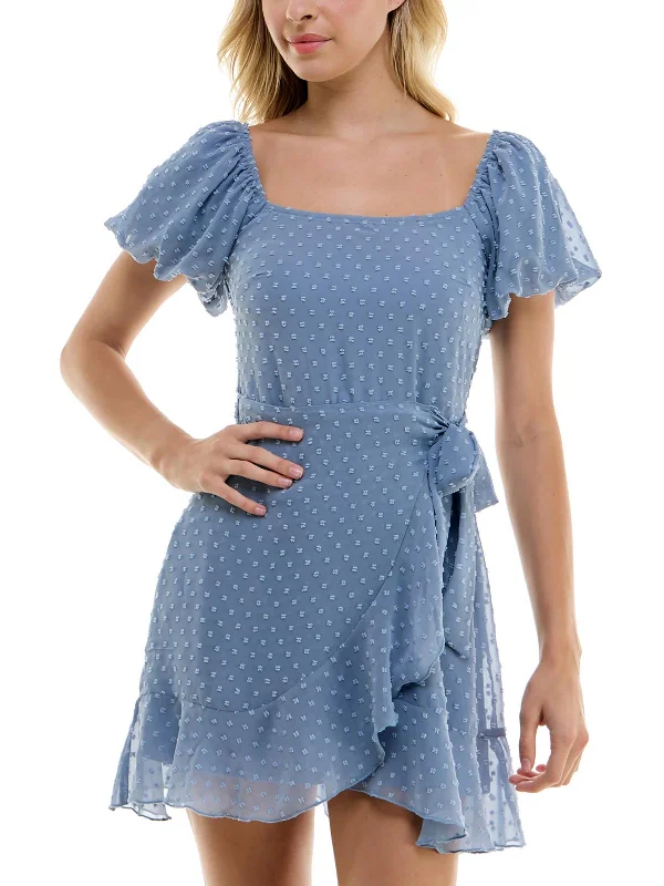 Elegant Women's Clothing Online Juniors Womens Side Tie Swiss Dot Fit & Flare Dress