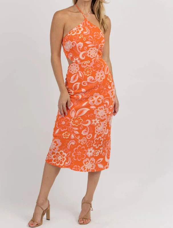 Premium Fabrics Harlow Halter Dress In Orange + Pink
