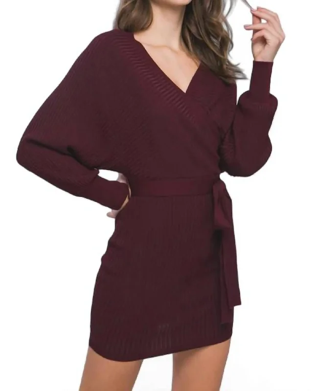 Sale Clearance Off Shoulder Belted Sweater Dress In Wine