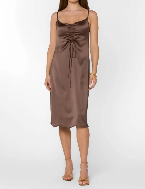 Affordable Women's Fashion Luxe Ruched Slip Dress In Mocha