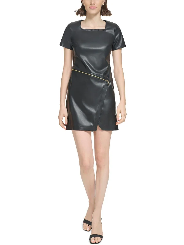 Women's Elegant Garments Womens Zipper Faux Leather Sheath Dress