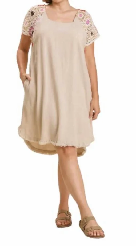 Women's Fashion Clothing Linen Blend Short Crochet Sleeve Dress In Oatmeal