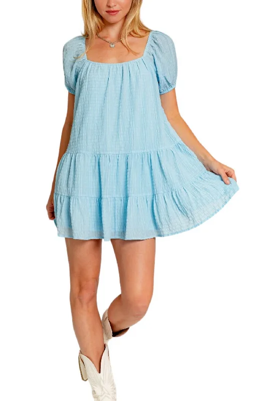 Business Casual Outfits Short Puff Sleeve Tiered Dress In Baby Blue
