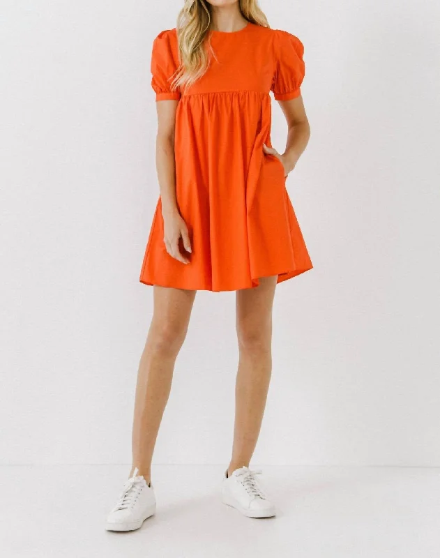 Women's Outfit For The Office Puff Sleeve Babydoll Dress In Orange