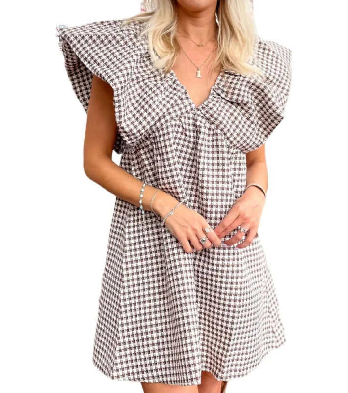 Women's Vacation Clothes Houndstooth Dress In Brown/ivory