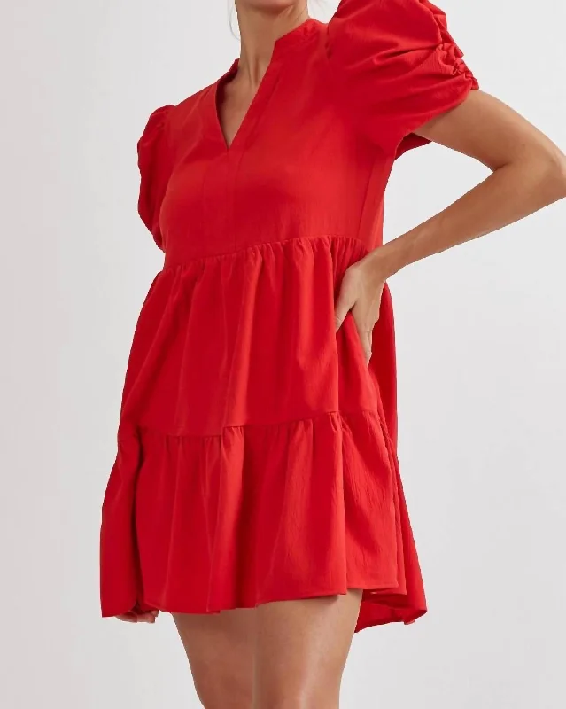 Women's Clothes For The Office Puff Sleeve Tiered Short Dress In Bright Red