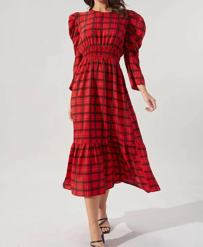 Fashionable Women's Outfit Plaid Drape Sleeve Cutout Dress In Black/red Plaid