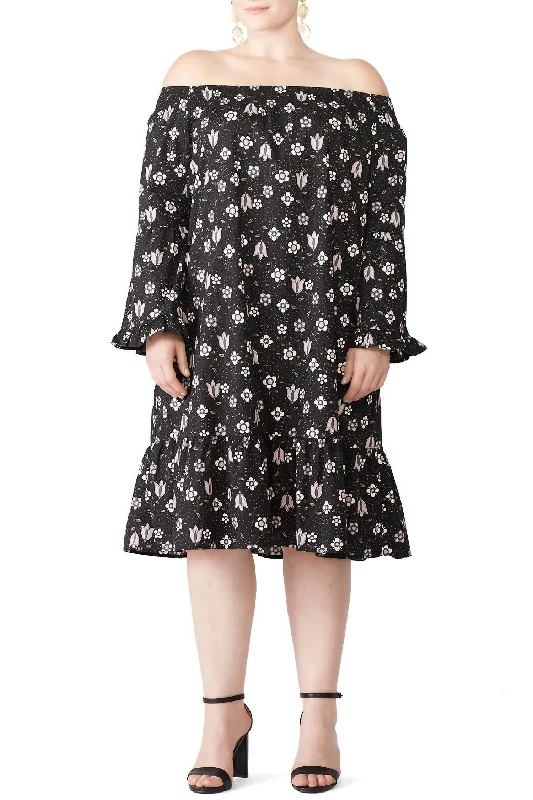 Stylish Outerwear Clothing For Women Printed Flare Sleeve Dress In Black