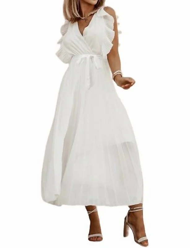 Best Online Boutiques For Women Ruffle Sleeve Pleated Dress In White
