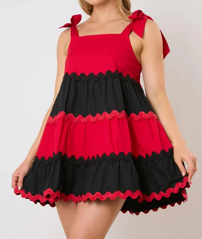 End Of Season Sale Clothing Shoulder Tie Wave Trim Tiered Dress In Red/black