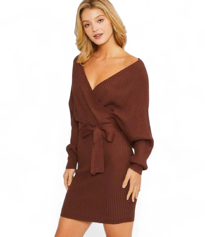Chic Wardrobe Off Shoulder Belted Sweater Dress In Brown