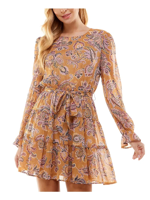 Women's Fashion Clothing Juniors Womens Chiffon Metallic Fit & Flare Dress