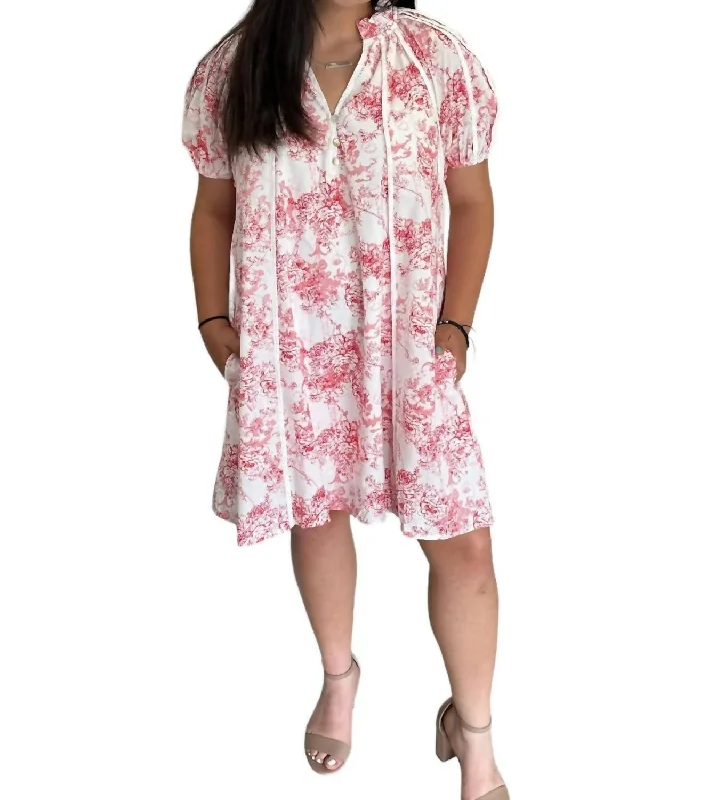 Women's Casual Wear Outfit Print Puff Sleeves Dress In Red Toile