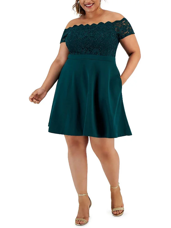 Chic Outfits Plus Womens Lace Trim Mini Fit & Flare Dress