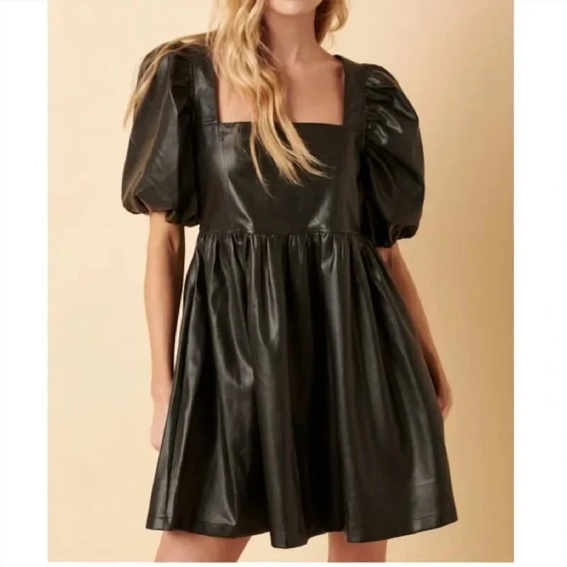 Women's Stylish Outdoor Outfit Pleather Babydoll Dress In Black