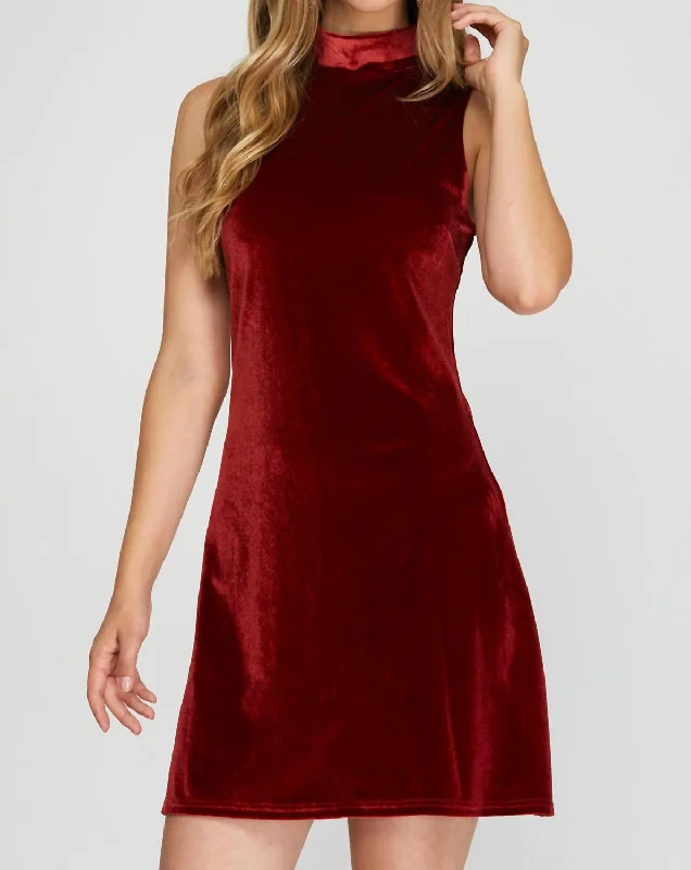 Premium Fashion Mock Neck Velvet Dress In Maroon