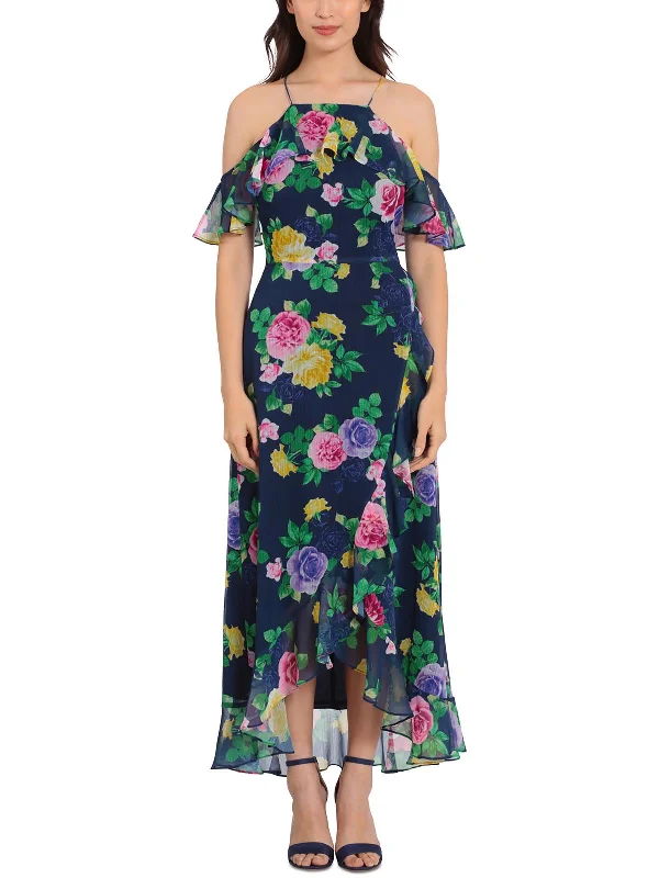 Bold Fashion Petites Womens Maxi Ruffle Halter Dress