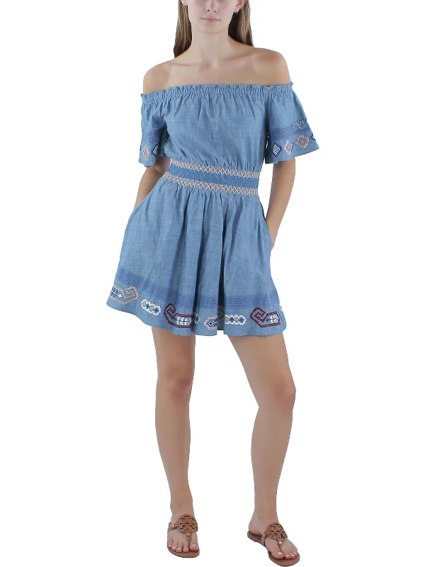 Evening Elegance Womens Chambray Lace Inset Fit & Flare Dress