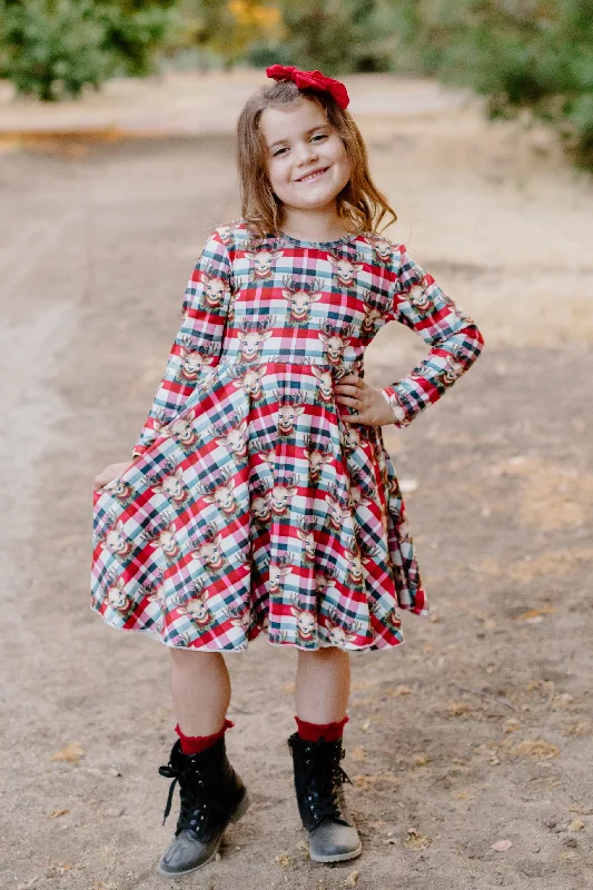 Women's Clothing For Outdoor Activities REINDEER PLAID BOW DRESS