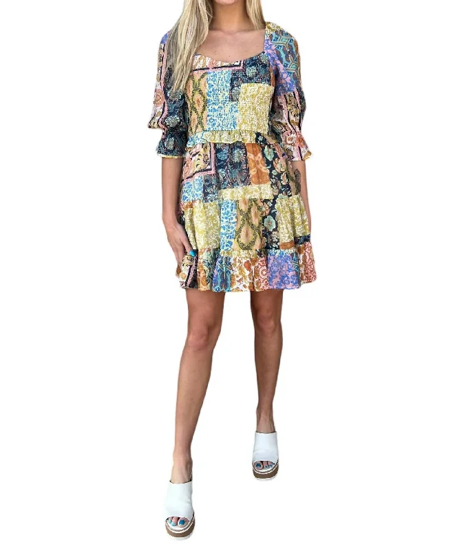 Plus Size Women's Fashion Smocked Bodice Dress In Patchwork Print