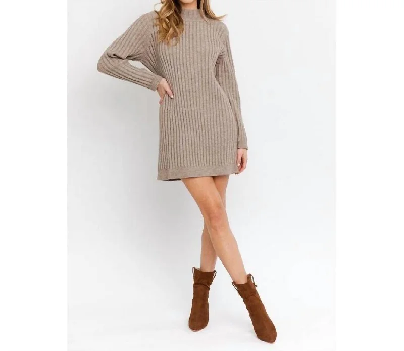 Clothing Brands High Neck Knitted Sweater Dress In Mocha