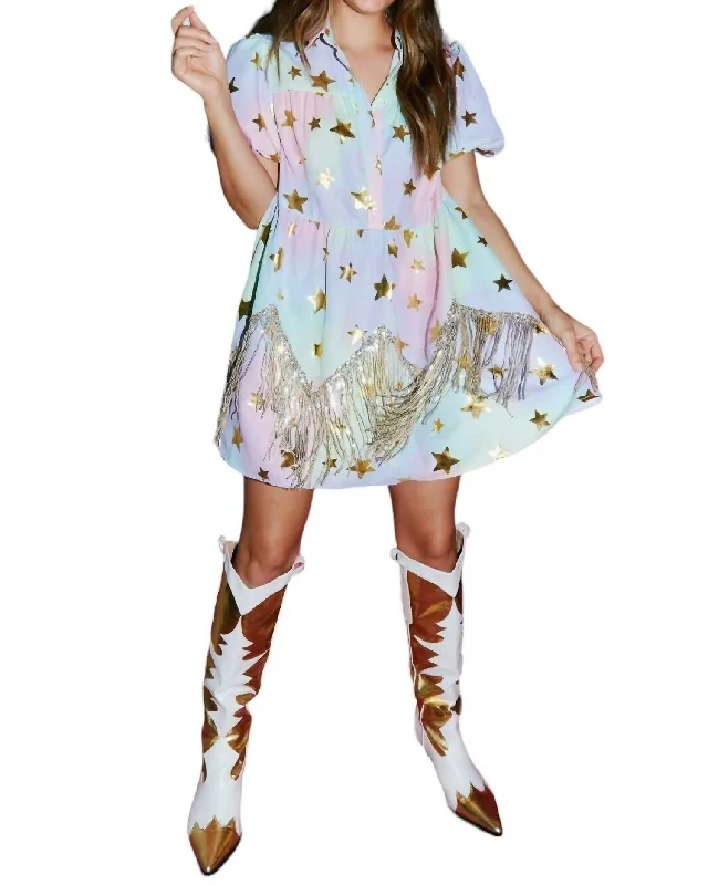 Women's Holiday Clothing Star Gold Babydoll Dress In Multi