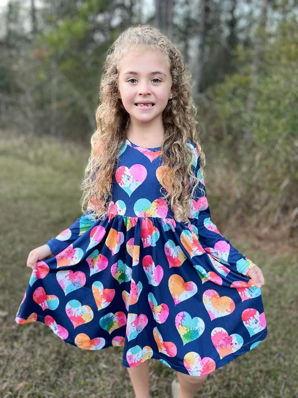 Women's Functional Outdoor Garments NAVY RAINBOW TYE DYE HEART TWIRL DRESS