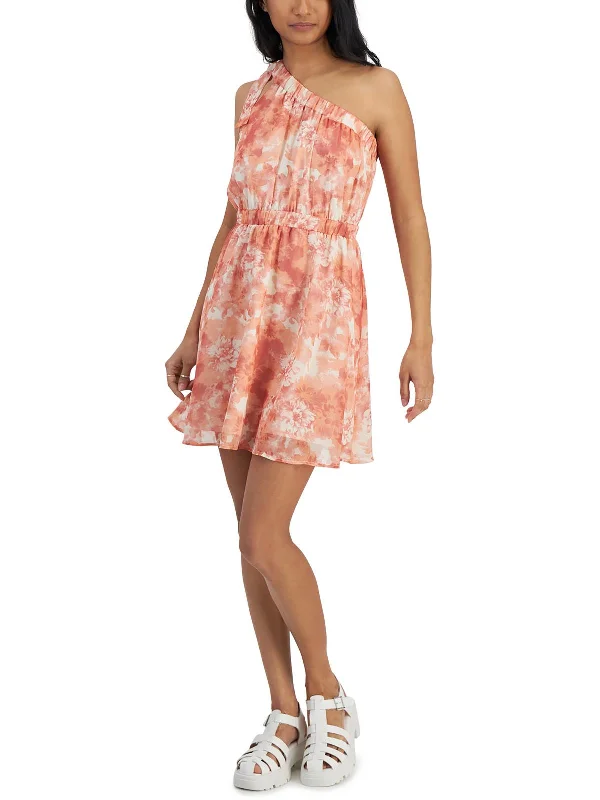 Fashion Forward Juniors Womens Mini One Shoulder Fit & Flare Dress