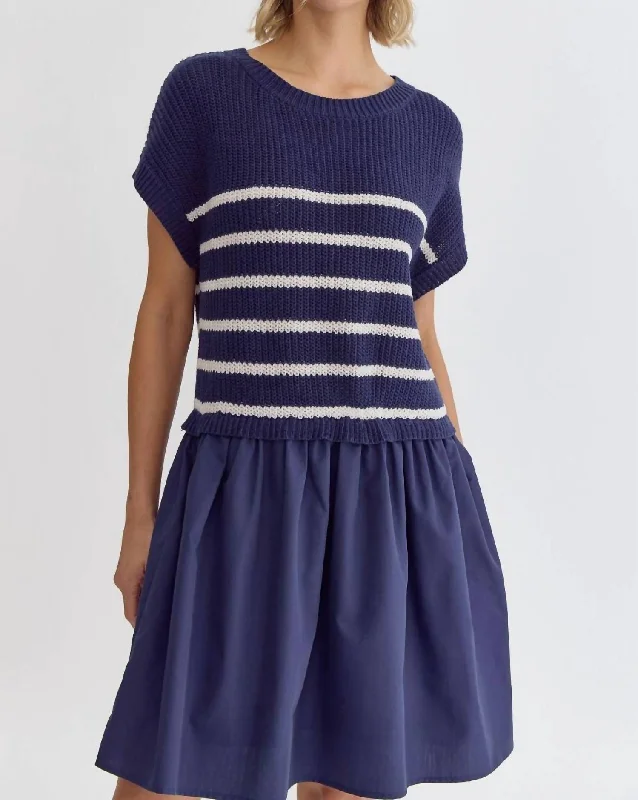 Women's Clothes For Work Striped Layered Dress In Navy