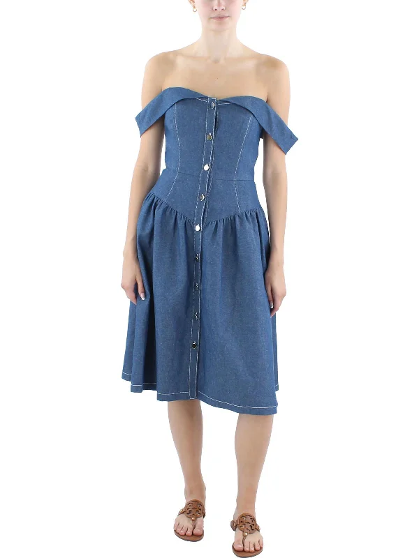 Hot Trends Womens Denim Off-The-Shoulder Fit & Flare Dress