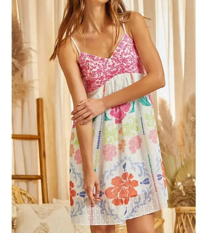Fashionable Dresses for Women Young Contemporary Emb Print Dress In White W/ Hot Pink Emb
