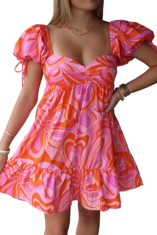 Women's Everyday Clothes Full Of Color Vibrant Puff Sleeve Dress In Pink/orange