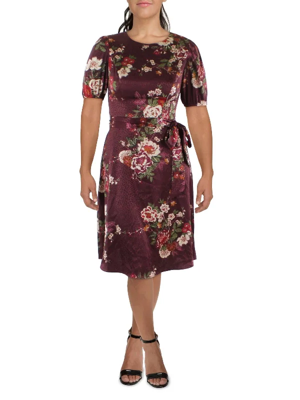 Fashion-Forward Women's Clothing Petites Womens Belted Jacquard Fit & Flare Dress