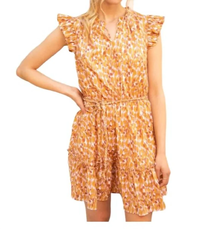 Women's Clothing For Travel Braid Waist Tie Ruffle Print Dress In Mustard