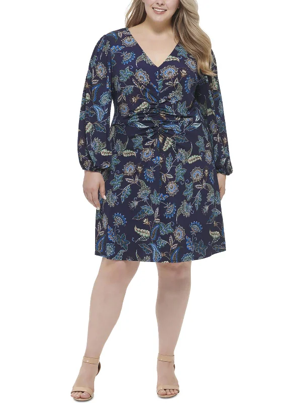 Earthy Tones Plus Womens Work Wear Ruched Fit & Flare Dress