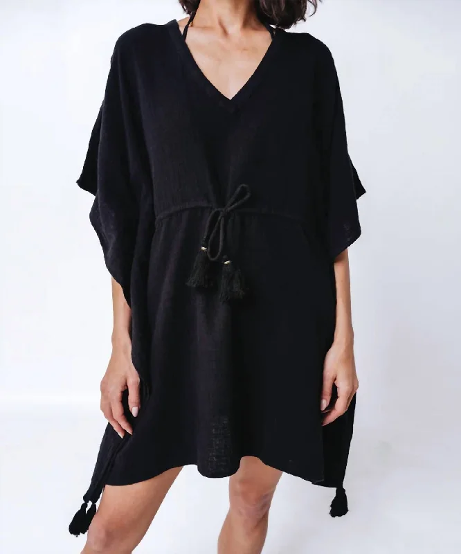 Women's Clothing Boutique Double Gauze Butterfly Tassel Caftan Dress In Black